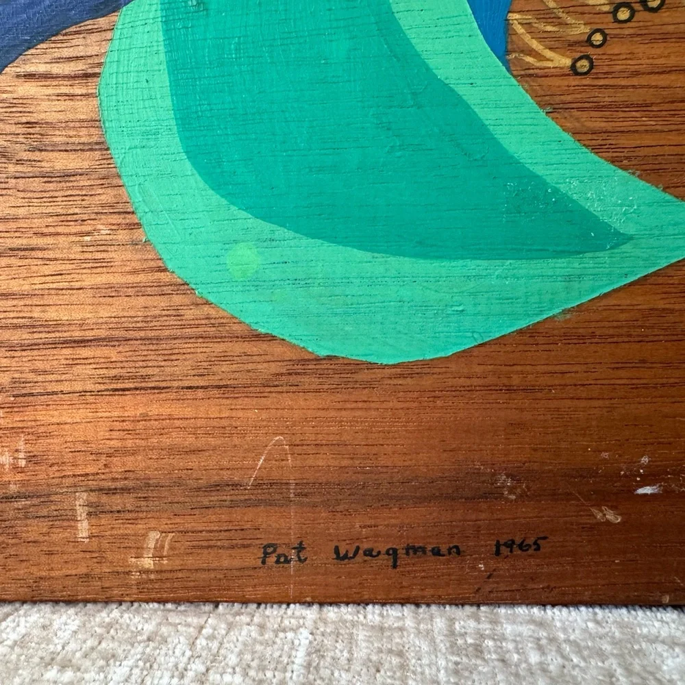 Vintage MCM Blue and Gold Abstract Wall Art Painted Birds on Wood